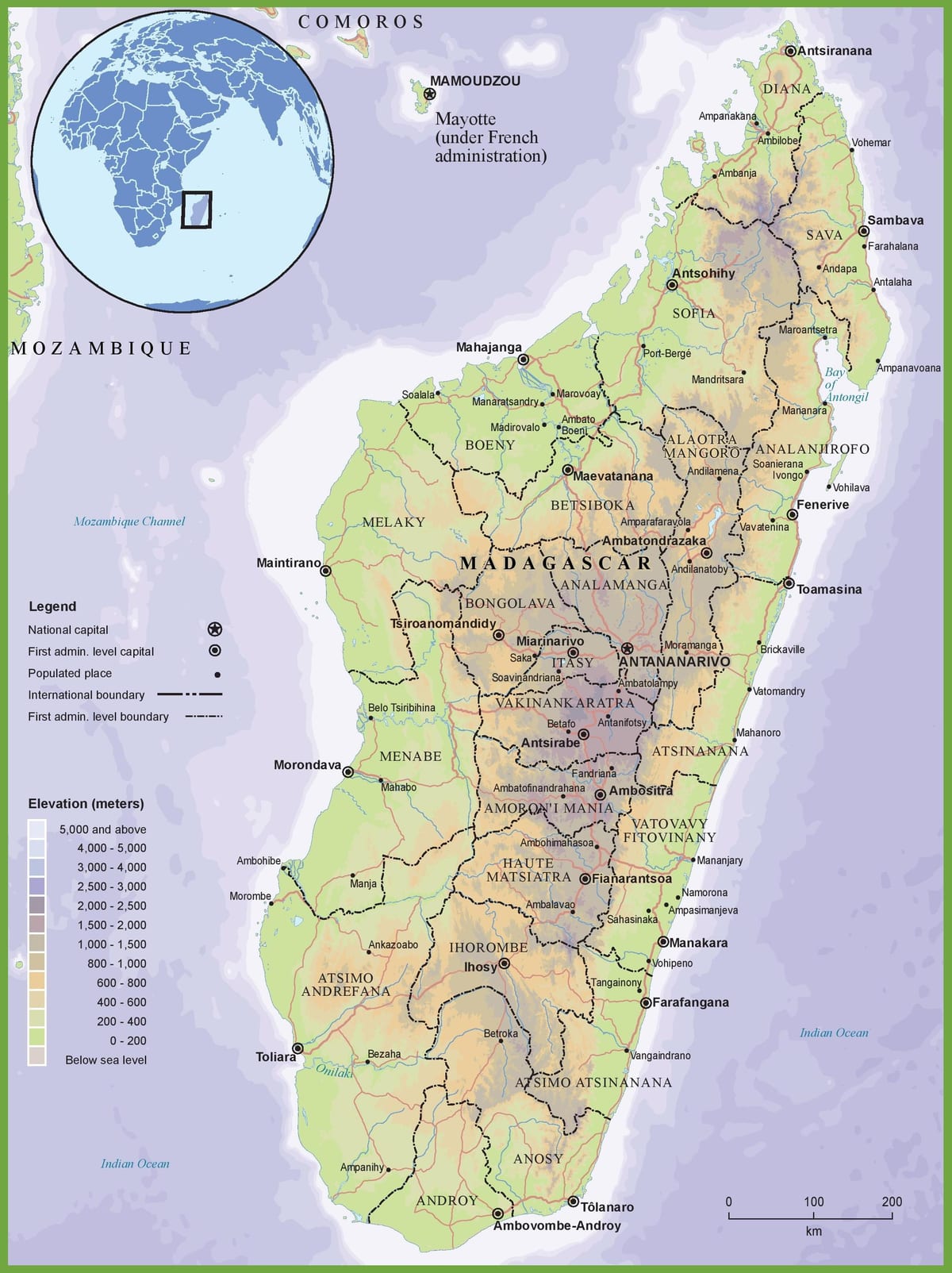 mapa fyzická mapa Madagaskaru