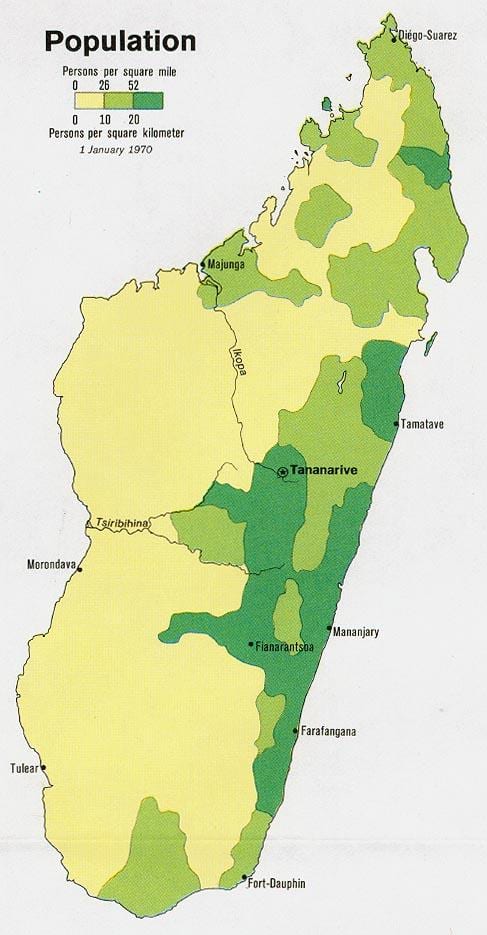 Madagaskar mapa hustota obyvatel