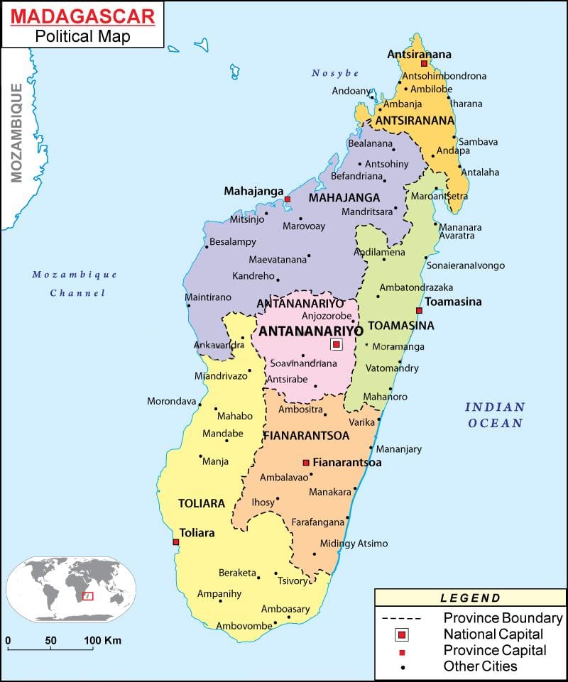 mapa politická mapa Madagaskaru